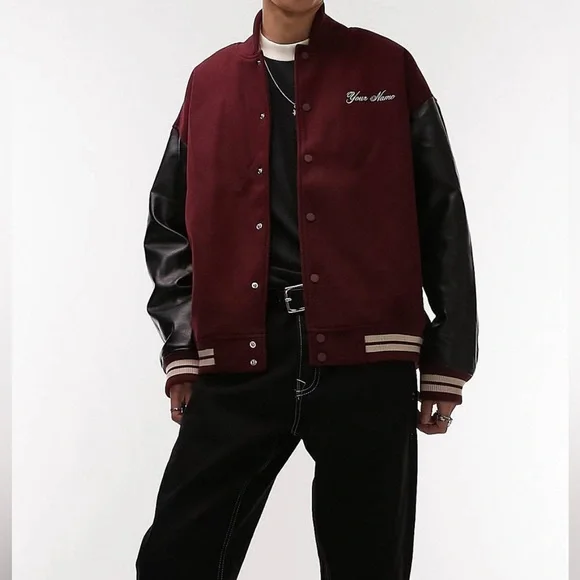 Top Man Burgundy Bomber Varsity Jacket - Picture 9 of 15